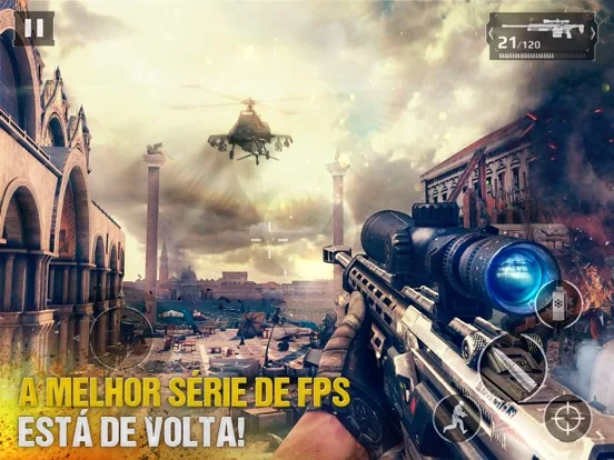 Cena de combate de um jogo de tiro em primeira pessoa, com helicóptero e mira de sniper