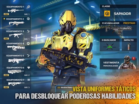 Ecrã de equipamento tático e classes de um jogo de tiro Modern Combat